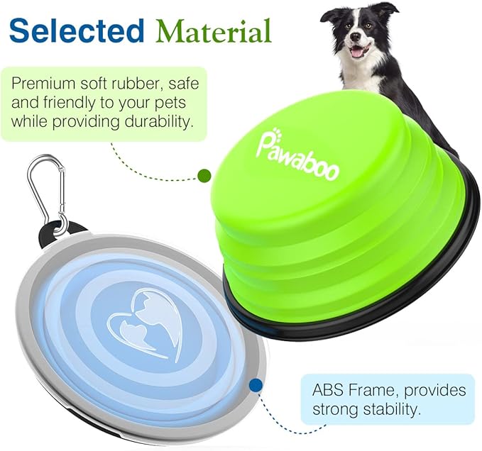 Pawaboo Silicone Collapsible Dog Bowls 2 Pack, Blue + Green, 5.1 x 3.5 x 2.1 in, 13 x 9 x 5.5 cm, Lid Included, Portable, Easy Cleanup, Suitable for Small to Medium Dogs
