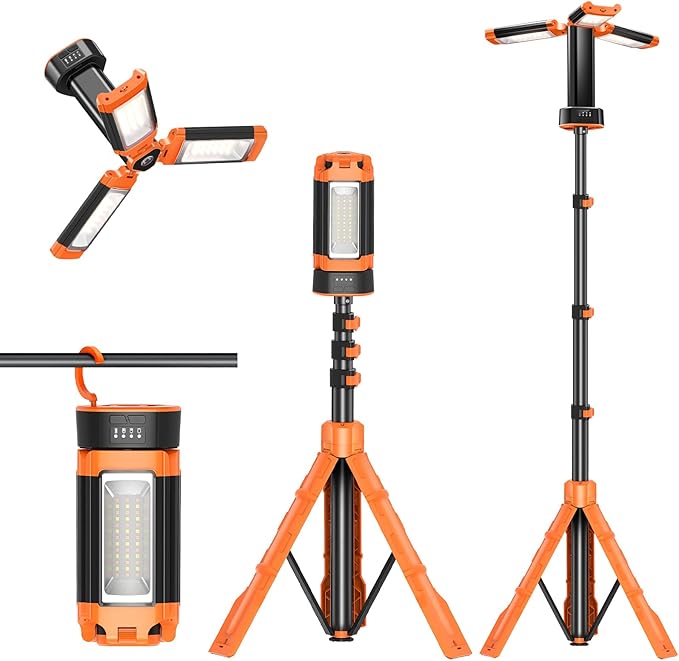 MENDED Portable Camping Light with Tripod Stand 73.2inch Rechargeable Cordless Work Light with 3 LED Lamp Heads for Outdoor Work, Power Outages, Fishing (Orange)