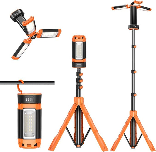 MENDED Portable Camping Light with Tripod Stand 73.2inch Rechargeable Cordless Work Light with 3 LED Lamp Heads for Outdoor Work, Power Outages, Fishing (Orange)