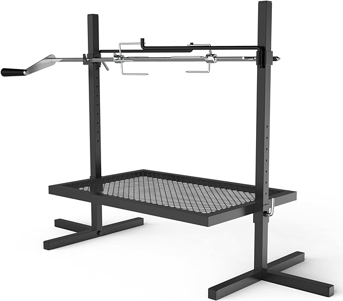 onlyfire Adjustable Grill Rotisserie System and Spit, Over Fire Camp Grill with Cooking Grate for Outdoor Open Flame Cooking