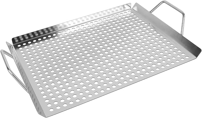 11 x 14 Inch Nonstick Grill Tray with Handles,Perforated Stainless Steel Grill Pans for Outdoor Grill,Heavy Duty Grilling Accessories for Charcoal/Gas Grills,Easy to Use and Clean