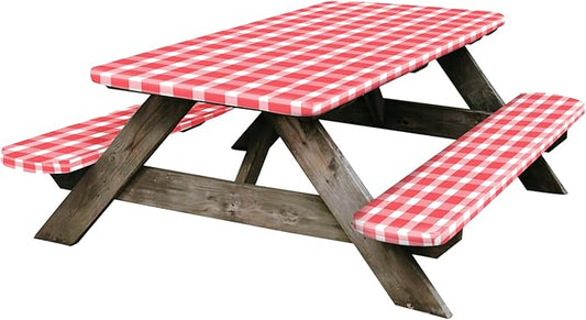 RVGUARD Picnic Table Cover and Bench Covers, 30x96 Inch, Red & White, Fitted Tablecloth Cover with Elastic Edge, Water and Oil Proof