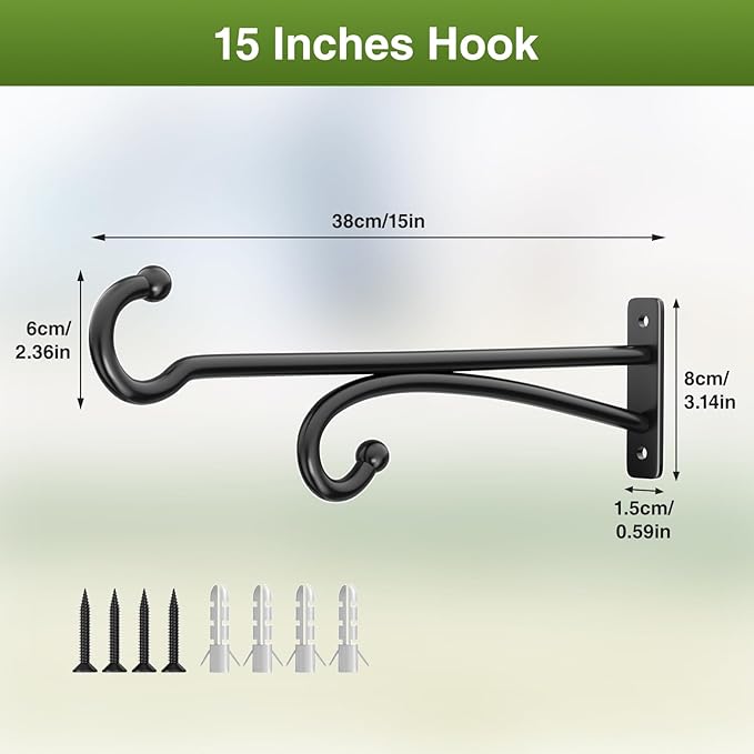 15" Plant Hooks for Hanging Baskets - Heavy Duty Metal Plant Hangers for Indoor & Outdoor Use, Wall Mount Brackets for Hanging Plants, Planters, Bird Feeders, Wind Chimes, Bird Houses - Black, 2 Pack