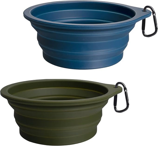 PetBonus 2-Pack Silicone Collapsible Dog Bowls, BPA Free Dishwasher Safe, Portable Foldable Expandable Travel Bowl, Food Water Feeding Cup Dish for Dogs Cats with 2 Carabiners (Army Green, Navy Blue)