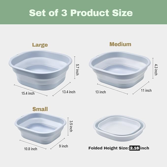 Collapsible Wash Basin Set of 3, Foldable Large Medium Small Wash Basins, Portable Plastic Basins for Laundry, Bottles, Travel, Camping (Blue Gray)