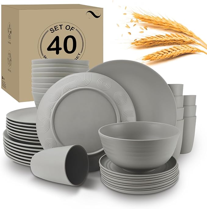 40Pack plates and bowls sets for kitchen - Unbreakable wheat straw dinnerware sets service for 8 - Alternative plastic 40pcs dish sets for picnic,camping and R.V. - (Grey)