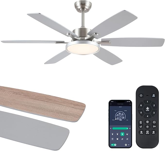 52 inch Modern Ceiling Fans with Lights Remote/APP Control,Modern Flush Mount Ceiling Fan,DC Reversible Motor, 3CCT,Surper Bright Dimmable LED Ceiling Light with Fans for Bedroom, Livingroom Nickel