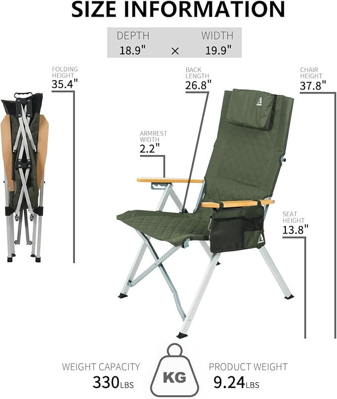 Reclining Camping Chair, Heavy Duty Folding Chairs with 4-Stage Adjustable High Back for Adults, Compact Foldable Outdoor Patio Reclining Chair with Storage Bag （Green）