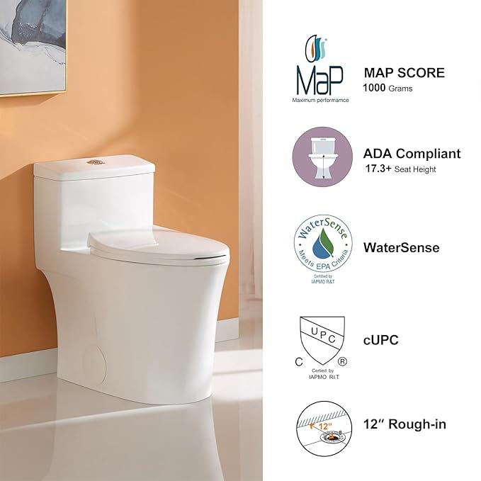 HOROW T0338W Compact One Piece Toilet with Comfort Chair Seat ADA Height 17.3", Elongated Dual Flush 0.8/1.28 GPF and MAP 1000g, Standard White Toilet Bowl