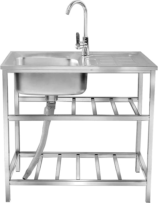 Outdoor Utility Sink,Free Standing Stainless Steel Laundry Tub, Single Bowl Portable Washing Hand Basin Station,with Cleaning Table&Storage Shelves for Garage, Restaurant, Kitchen,Camping, Backyard(Do
