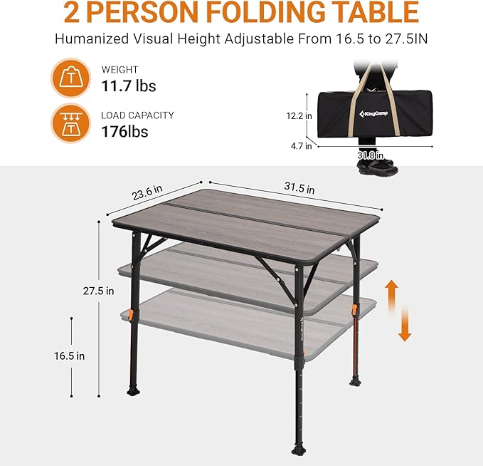KingCamp Folding Glass Fiber Camping Table, Portable Camp Table with Adjustable Height Aluminum Legs & Carry Bag for Outdoor, Picnic, Beach, Party, Indoor, Use for 2-4 People
