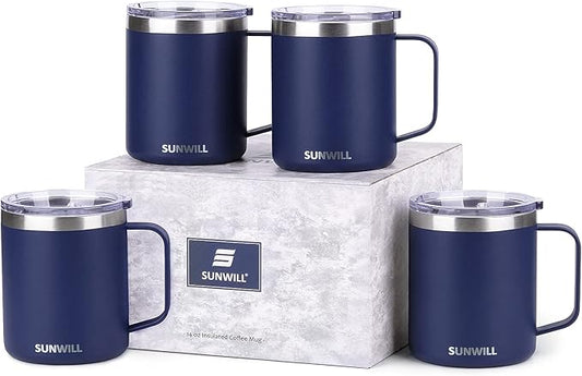 SUNWILL Travel Coffee Mugs Set of 4, Insulated Tumbler with Lid, 14oz Stainless Steel Cup with Handle Bulk for Gift, Camping, Office, Powder Coated Navy Blue