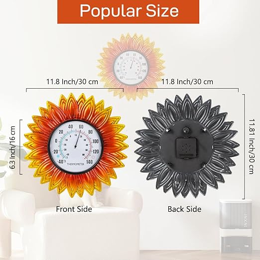 Sunflower Outdoor Thermometer, 12" Metal Wall Themometer, No Need Battery Indoor Thermometer with Large Number Easy to Read for Patio Room Decor