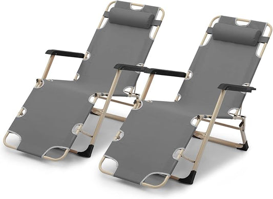 MoNiBloom Patio Lounge Chair Set of 2 Folding Lawn Lounger Outdoor Camp Reclining Chair with Adjustable Headrest for Garden Yard Pool Side, 330lbs Capacity