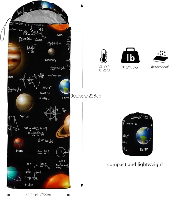 AILONEN Outer Space Astronaut Camping Sleeping Bags,Lightweight & Waterproof,3 Season Warm & Cool Weather,Cartoon Sleeping Bags for Kids,Boys Girls Travelling,Outdoors