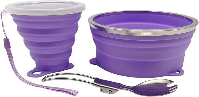 Mess Kit for Camping Silicone Collapsible Bowl Collapsible Cup and Stainless Steel Spoon for Backpacking Outdoor Hiking Traveling and Picnic