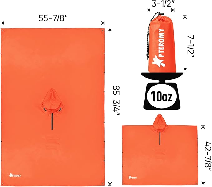 PTEROMY Hooded Rain Poncho for Adult with Pocket, Waterproof Lightweight Unisex Raincoat for Hiking Camping Emergency