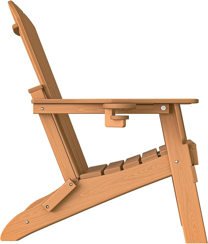 Folding Adirondack Chair, SGS Tested, Wooden Textured with Cup Holder, Heavy All-Weather HDPE Comfortable Set Poolside Backyard Lawn Teak