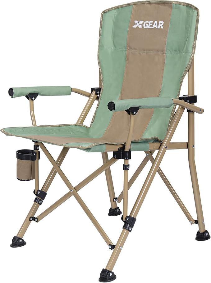 XGEAR Camping Chair Hard Arm High Back Lawn Chair Heavy Duty with Cup Holder, for Camp, Fishing, Hiking, Outdoor, Carry Bag Included