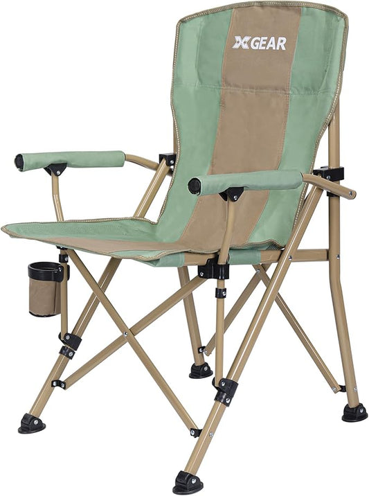 XGEAR Camping Chair Hard Arm High Back Lawn Chair Heavy Duty with Cup Holder, for Camp, Fishing, Hiking, Outdoor, Carry Bag Included