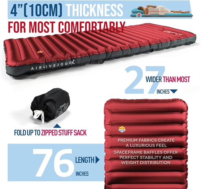 ZOOOBELIVES 3D Wrapping Inflatable Camping Sleeping Pad with Built-in Pump, Extra Thick and Wide, Ultimate Comfortable Compact Camp Air Mat for Tent, Car Traveling and Backpacking - Airlive2000X