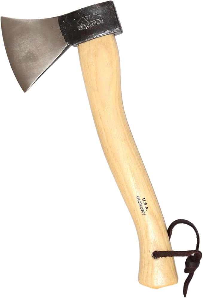 Prandi Axes German C45 Forged Carbon Steel Hatchet - Hickory Handle with Leather String - Ideal for Camping, Travel and Bushcraft - S/N 3.003.08.TH - 15" L x 6.42" W, 800g Polished Head, No Sheath
