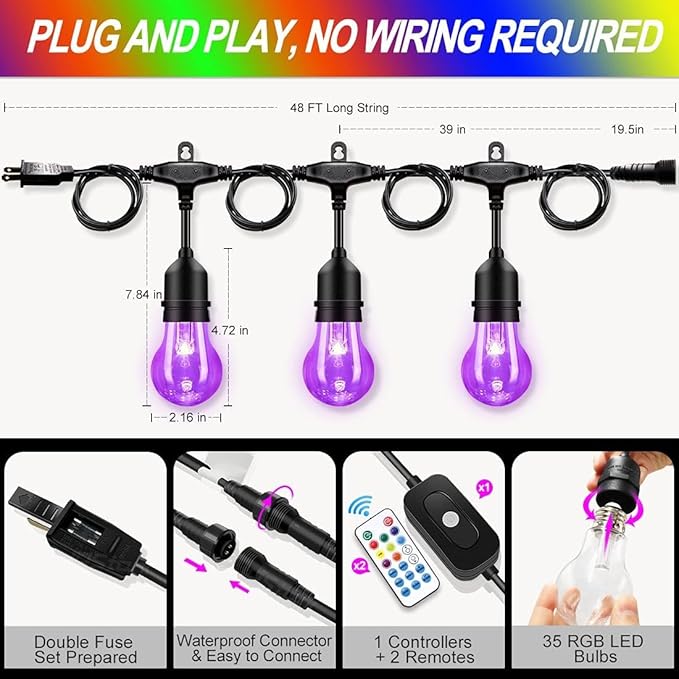 Auroraworld Outdoor Patio Lights Color Changing, 96FT RGB LED String Lights with E26 Shatterproof Edison Bulbs, Dimmable Patio String Lights for Bistro Backyard Garden, 1 Remote Controllers