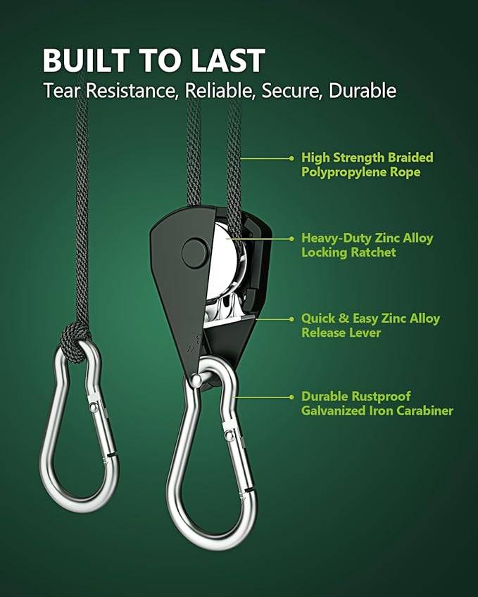 2-Pack 1/8” Adjustable Rope Hanger, Heavy Duty Ratchet Tie Down Strap with Reinforced Metal Gear, Ratcheting Pulley System Bungee Cord for Hanging Plants Grow Light and Various Tie-Down Uses