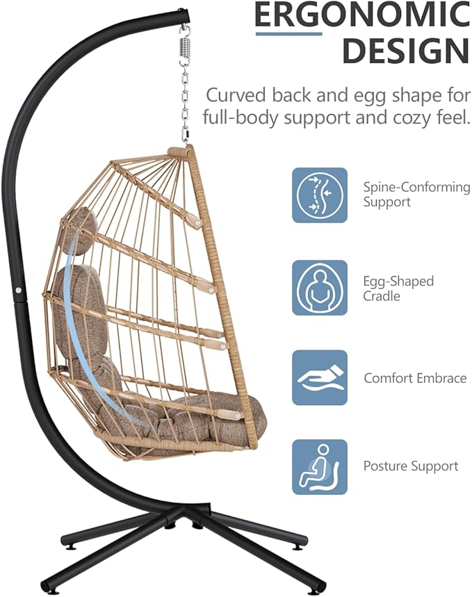 SWITTE Egg Chair Outdoor with Stand, Indoor Wicker Hanging Egg Swing Chair with Cushion, 350lbs Capacity for Patio, Bedroom, Garden - Cream