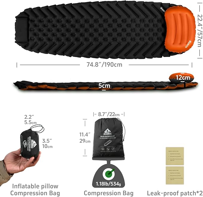 Camping Sleeping Pad & Pillow Set - Mummy Style, Inflates in 30 Seconds, Ultralight and Waterproof and wear-Resistant, Suitable.Camping Mattress for Camping, Backpacking. (Black)