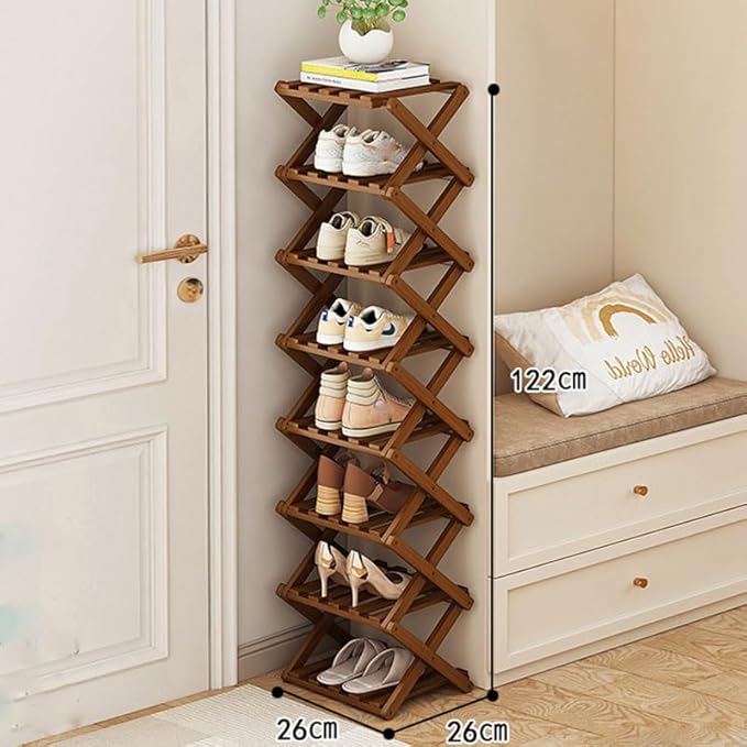 YYW Bamboo Shoe Rack for Entryway,Installation-Free and Foldable Vertical Shoe Storage Organizer,Free Standing Shoe Racks Shelf Closet Shoe Organizer for Living Room (Tawny-8 Layers)