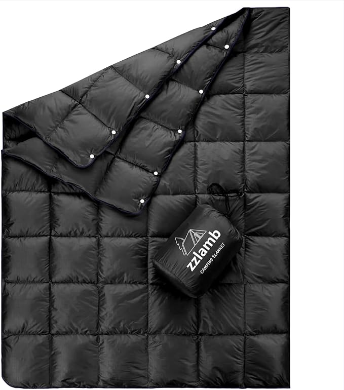 zzlamb Puffy Down Camping Blanket Water-Repellent, Down Throw Travel Blanket Portable for Outdoor, Light Warm Quilt for Couch Plane Car Theater Stadium Picnic RV Backpacking Hammock