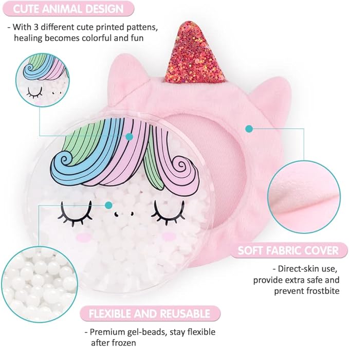 Hilph Kids Ice Packs for Boo Boos, Reusable Gel Ice Packs for Injuries for Toddlers Baby, Hot & Cold Compress with Cute Plush Sleeves for Body Pain Relief, Fever, First Aid, Bumps, 3 Packs (Unicorn)