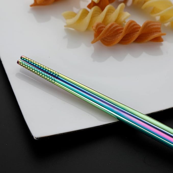 DEVICO Portable Utensils, Travel Camping Cutlery Set, 8-Piece including Knife Fork Spoon Chopsticks Cleaning Brush Straws Portable Case, Stainless Steel Flatware set (Rainbow)