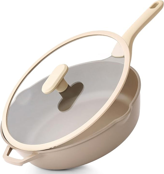 Nonstick Deep Frying Pan with Glass Lid, 12 Inch (4.8 qt), 5X Durable Nonstick Sauté Pan, Scratch & Stain Resistant, PFOA Free, Induction Compatible, Dishwasher & Oven Safe, Natural Linen