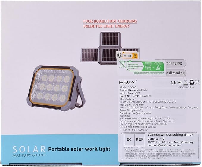 ERAY LED Work Light with 4 Solar Panel, 150W 12000mAH Rechargeable Worklight with 336 LED Beads/4 Modes/IP64/Stepless Dimming, Portable Job Site Light for Emergency Workshop（Grey