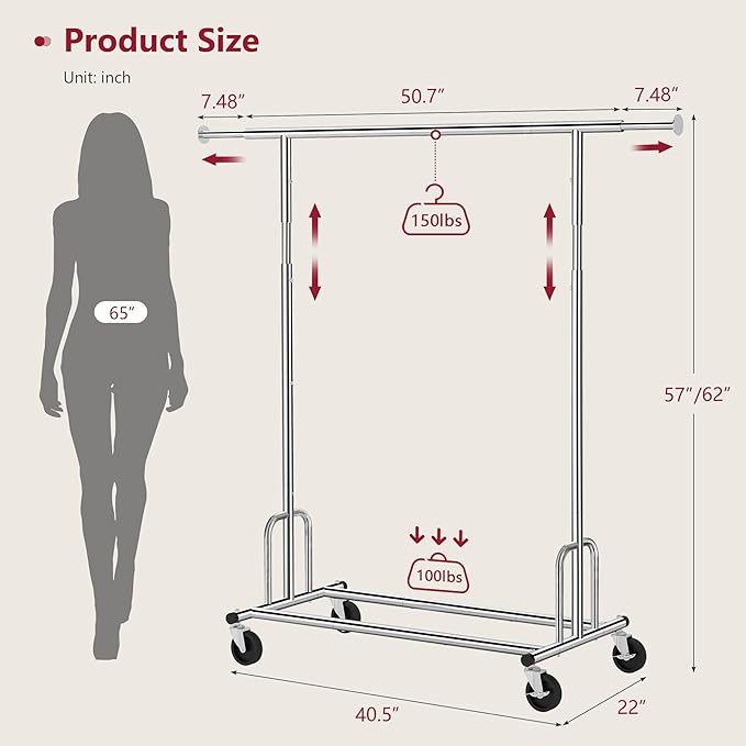 Tajsoon Heavy Duty Clothes Rack Foldable Garment Rack with Wheels and Extendable Rod, Freestanding Clothing Rack for Hanging Clothes, Adjustable ＆ Collapsible Rolling Racks with Bottom Shelf, Chrome
