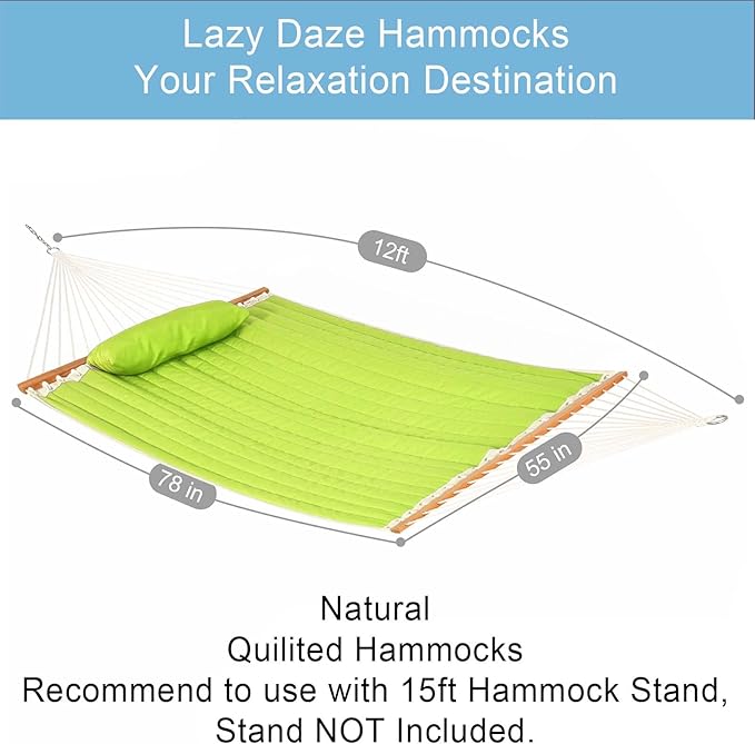 Lazy Daze Hammocks Quilted Fabric Double Hammock with Pillow, Spreader Bar Swing for Two Person (Light Green)