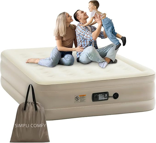 Simpli Comfy Inflatable 18” Queen Air Mattress with Built in Pump Self Inflating Blow Up Durable Heavy Duty Stay Firm Comfortable Air Bed Elevated for Home Guest Travel Relocate Camping