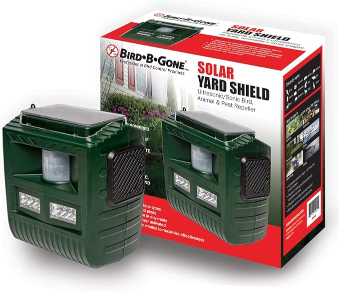 Bird B Gone Solar Yard Shield Animal & Pest Repeller - Solar Powered Ultrasonic Bird & Animal Repeller - Motion Activated - Outdoor Sonic Bird & Pest Repellent with 3 Modes for Garden Protection