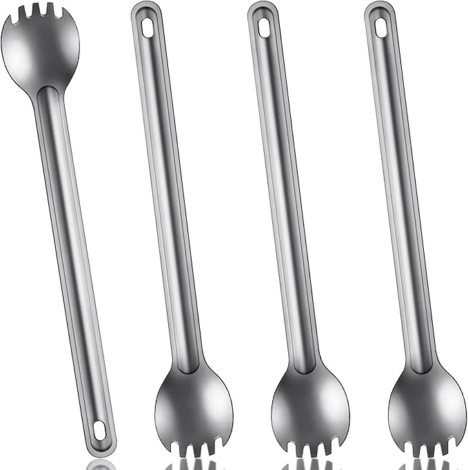 4 Pieces Titanium Long Handle Spork and Spoon Ultralight Portabale Flatware 8.7 Inch Soup Spoon Camping Spork for Outdoor Camping Backpacking Hiking Travel Picnic Tableware (Silver)