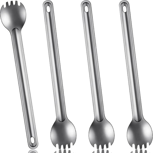 4 Pieces Titanium Long Handle Spork and Spoon Ultralight Portabale Flatware 8.7 Inch Soup Spoon Camping Spork for Outdoor Camping Backpacking Hiking Travel Picnic Tableware (Silver)