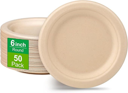 Eco Friendly Small Paper Plates - 6 Inch, 50 Pack, Compostable, Made of Sugarcane Fibers, Brown, Dessert Plates
