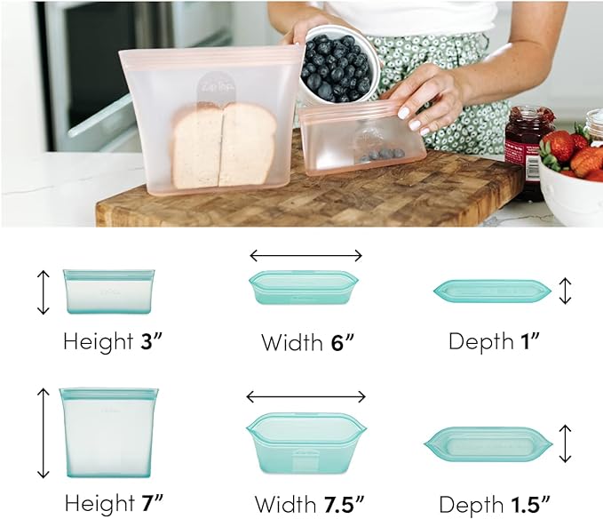 Zip Top Reusable Food Storage Bags | 2 Bag Set [Gray] | Silicone Meal Prep Container | Microwave, Dishwasher and Freezer Safe | Made in the USA