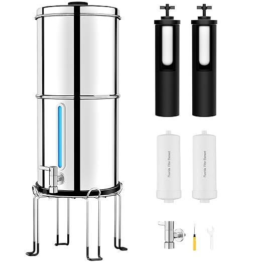 3.5 Gallon Gravity Water Filter System with 3 Stage 0.001μm Ultra-Filtration, Stainless Steel Water Filtration System, Include 3 Filters, Metal Stand&Spigot, Reduce 99.99% Chlorine - 2025 Upgraded