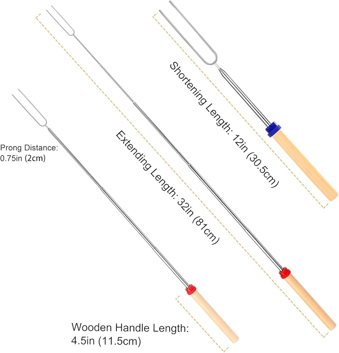 12 PCS Marshmallow Roasting Sticks, Telescoping Smores Sticks for Open Fire Pit, 32 Inch Long Marshmallow Toasting Barbecue Forks S'mores Skewers for Campfire Camping Hotdog Hot Dog Bonfire Grill