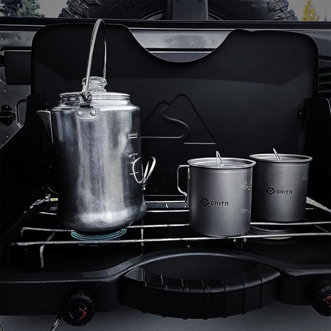 GRITR Titanium Mug, 15.2 fl oz / 25.4 fl oz | Camping, Backpacking, Picnic, Hiking, Travel, Outdoor Cooking Gear w/Lid & Folding Handles | Ultralight Multi-Purpose Metal Cup for Water, Coffee, Tea