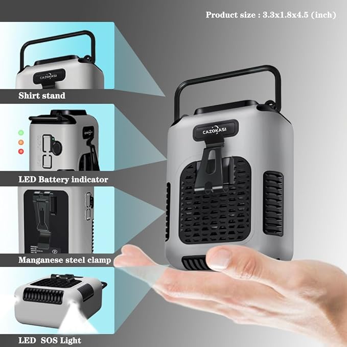 CAZOKASI Upgrade Waist Clip Fan Wearable Fan Portable Cooling and Heatstroke Prevention Fan (Industrial orange black) (Grey / 8000mAh)