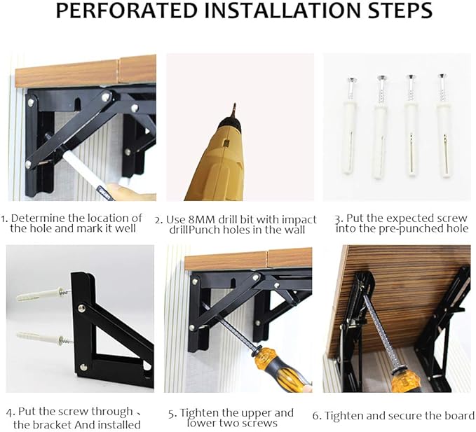 Storystore Folding Shelf Brackets - 12 Inch Heavy Duty Metal Collapsible Shelf Bracket for Bench Table, Shelf Hinge Wall Mounted Space Saving DIY Bracket, Max Load: 150 lb (4 PCS, Black)