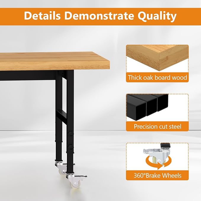 60" Adjustable Height Workbench with Wheels, Heavy-Duty Solid Wood Work Table with Power Outlets, 2000 LBS Capacity Workstation for Garage, Workshop(60" X 24")
